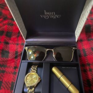 Gold Watch, purse size perfume spray holder and Sunglasses Set